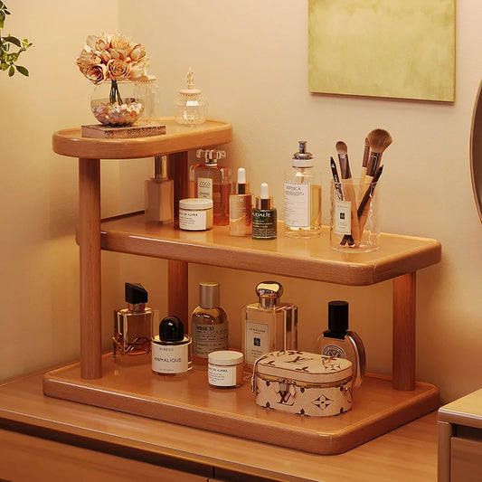 Mid Century Modern 3-Tier Wooden Desktop Shelf Vintage Cosmetic Storage Organizer Perfume Display Stand for Vanity Dresser Table