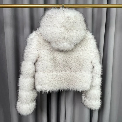 Winter Warm Ladies Fake Fox Fur Jacket Short Fashion Hooded Artificial Fox Fur Coat High Quality Women's Cropped Fur Coat Black