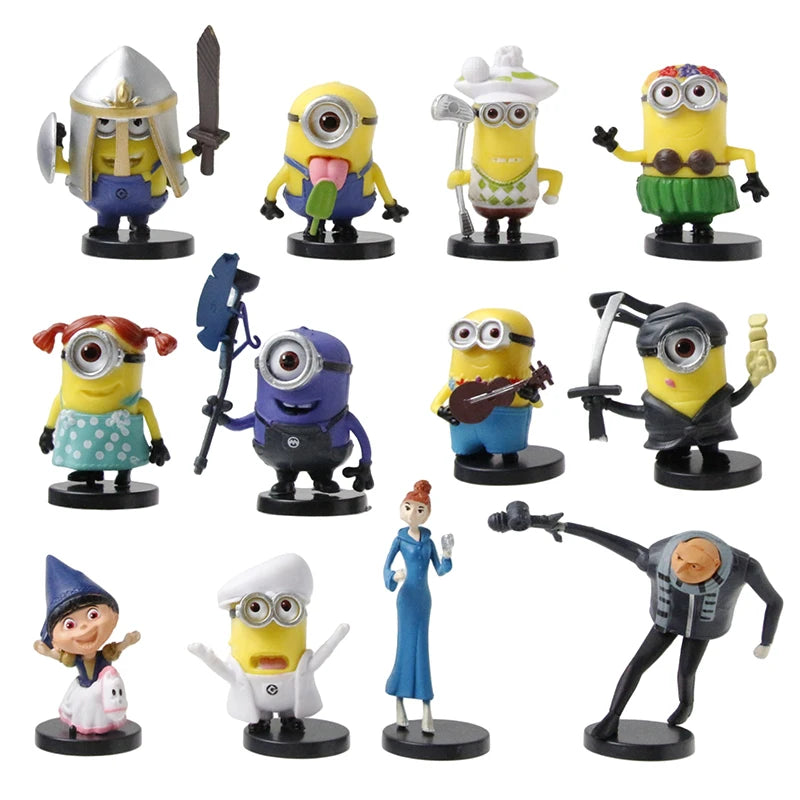 12Pcs Despicable Minions Capsule Toys Set Fluffy Kevin Bob Gru 3D Eye Action Figures Collectible Xmas Gifts for Fans