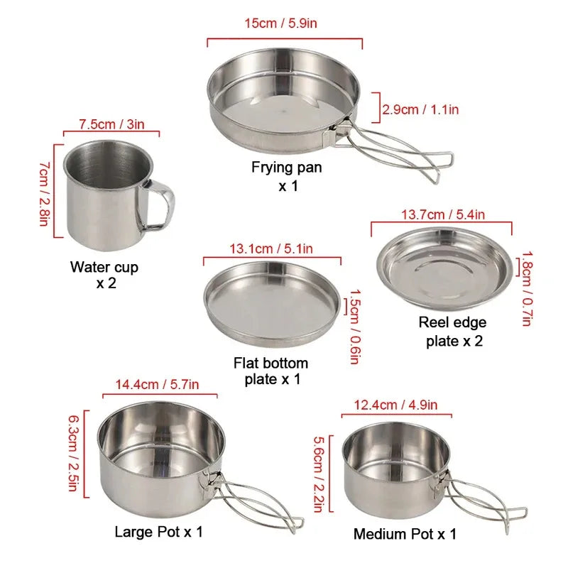 8 pcs/set camping cookware mess kit stainless steel cooking pot and pan set with plates cups for outdoor hiking backpacking