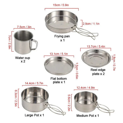 8 pcs/set camping cookware mess kit stainless steel cooking pot and pan set with plates cups for outdoor hiking backpacking