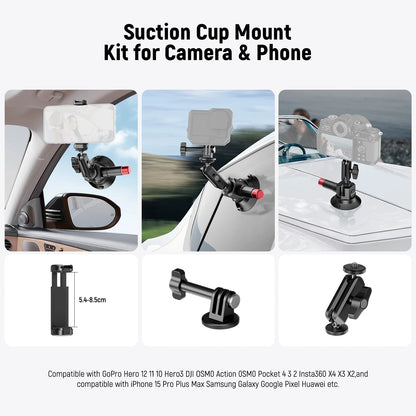 Neewer 3" Suction Cup Camera Mount Bracket with Ball Head Magic Arm, Quick Release Car Mount For iPhone DJI Insta360