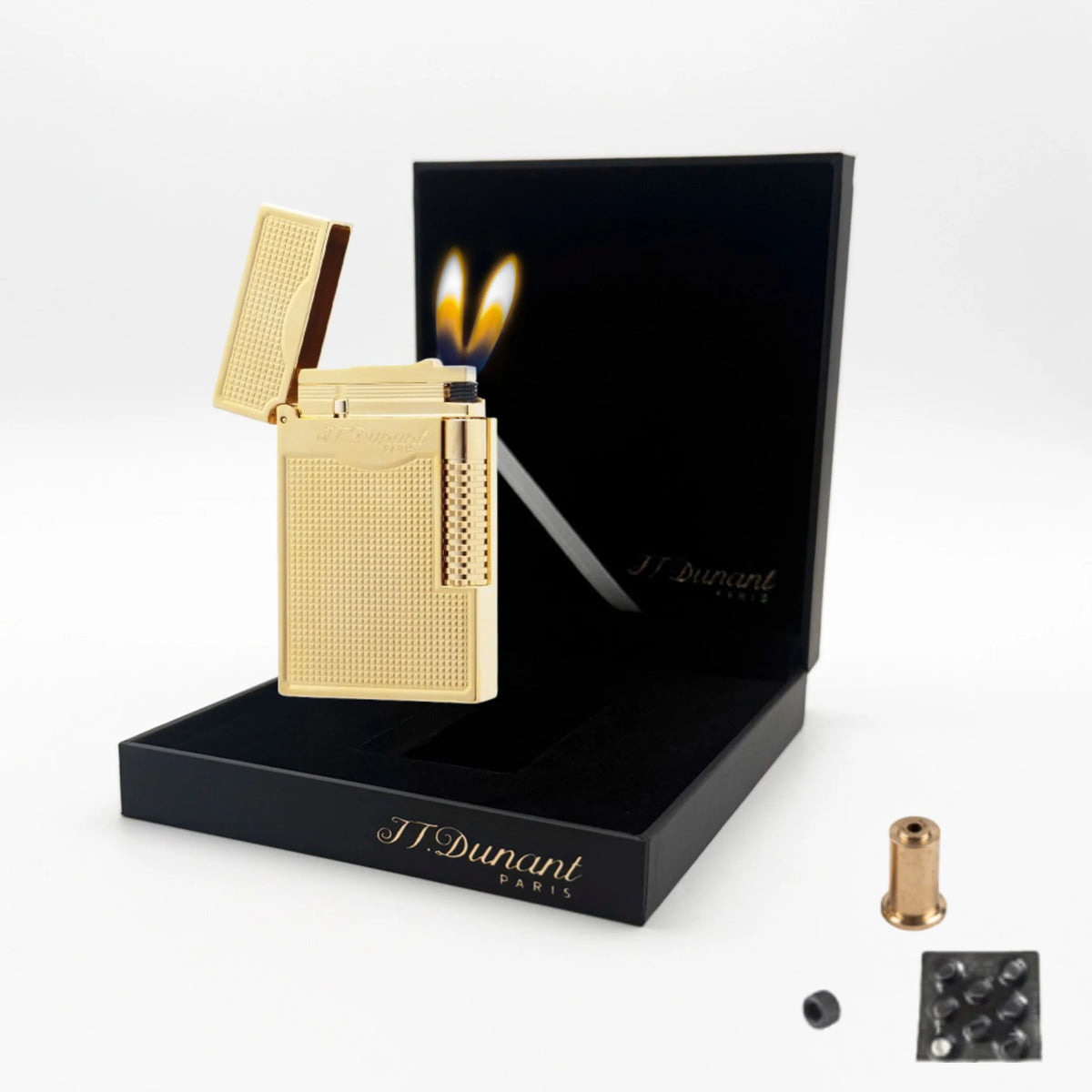 JT.Dunant Lighter Luxury Gold Double Flame Ignition Ding Sound Refillable Butane Gas Lighter Best Gift for Men Husband Boyfriend