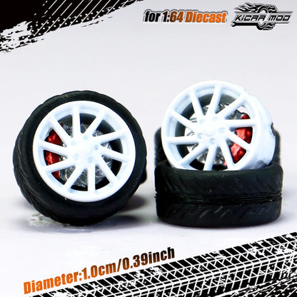 Kicarmod 1/64 Model Car ABS Wheels with Rubber Tire Brake Disc Refitting Parts Diameter 10mm For Model Car Tomica