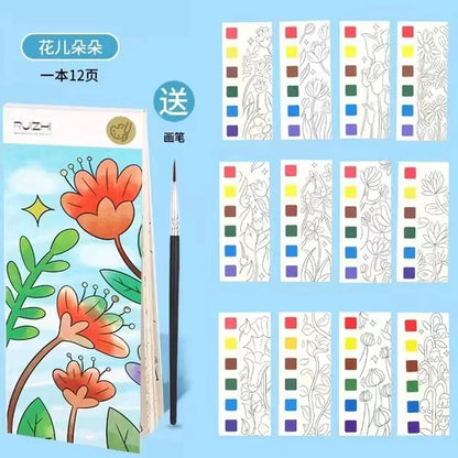 12 pages New Children's Watercolor Coloring Book,Student Coloring And Drawing Book, With Built-in Watercolor Paint Pens