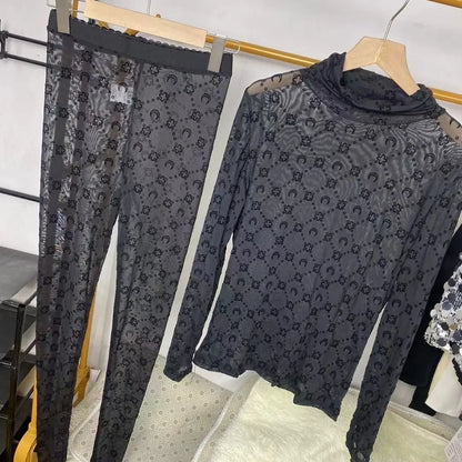 Women Two Piece Set Korean Retro Fashion Long Sleeve Moon Velvet Printed Base Shirt Pants Set Thin Perspective Spicy Girl Sexy