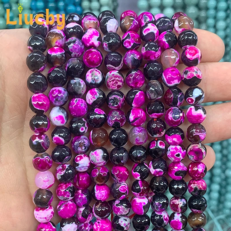 Faceted Dragon Patterned Fire Agate Natural Stone Beads for Jewelry Making DIY Traditional Decoration Retro Rings 15' Strand 8mm