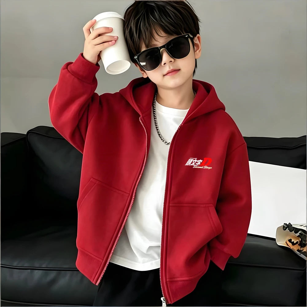 Children Age 3-12 Hoodies Zipper Cardigan Tops Boy Black Girls Pink Leisure Coat Long Sleeve Hooded Japanese Manga Racing Movie