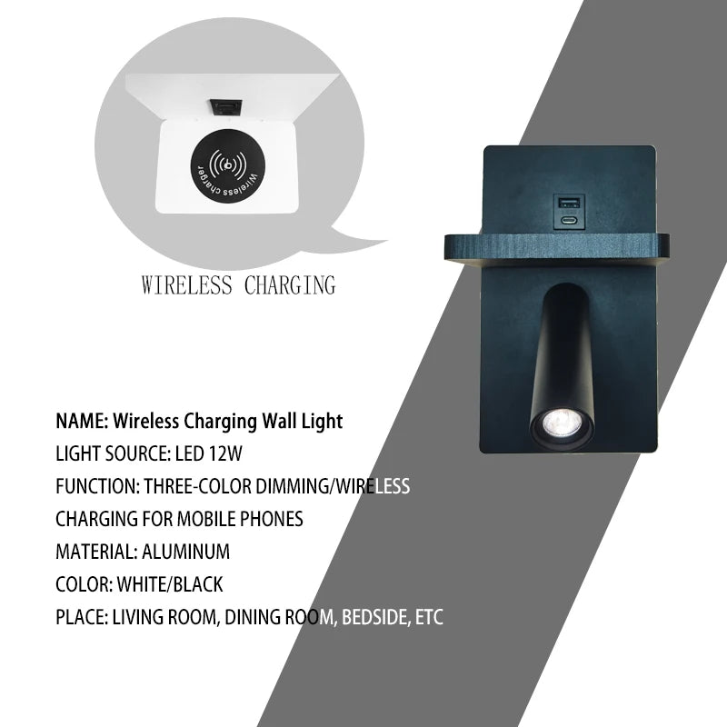Wireless Charging Wall Light Sleek Black Modern Wall Sconce Adjustable Spotlight for Bedroom Living Room Corridor Home Decor