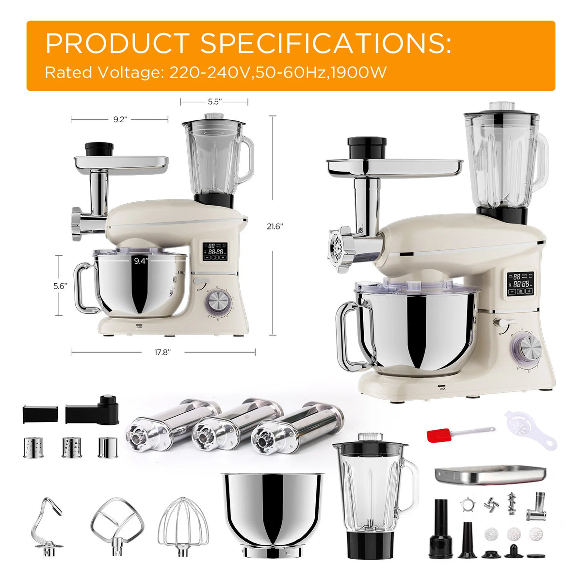 Tand Mixer with LCD Display, 1900W Professional Dough Kneader with 6-Speed & Pulse, Full Set Attachments & Stainless Steel Bowl,