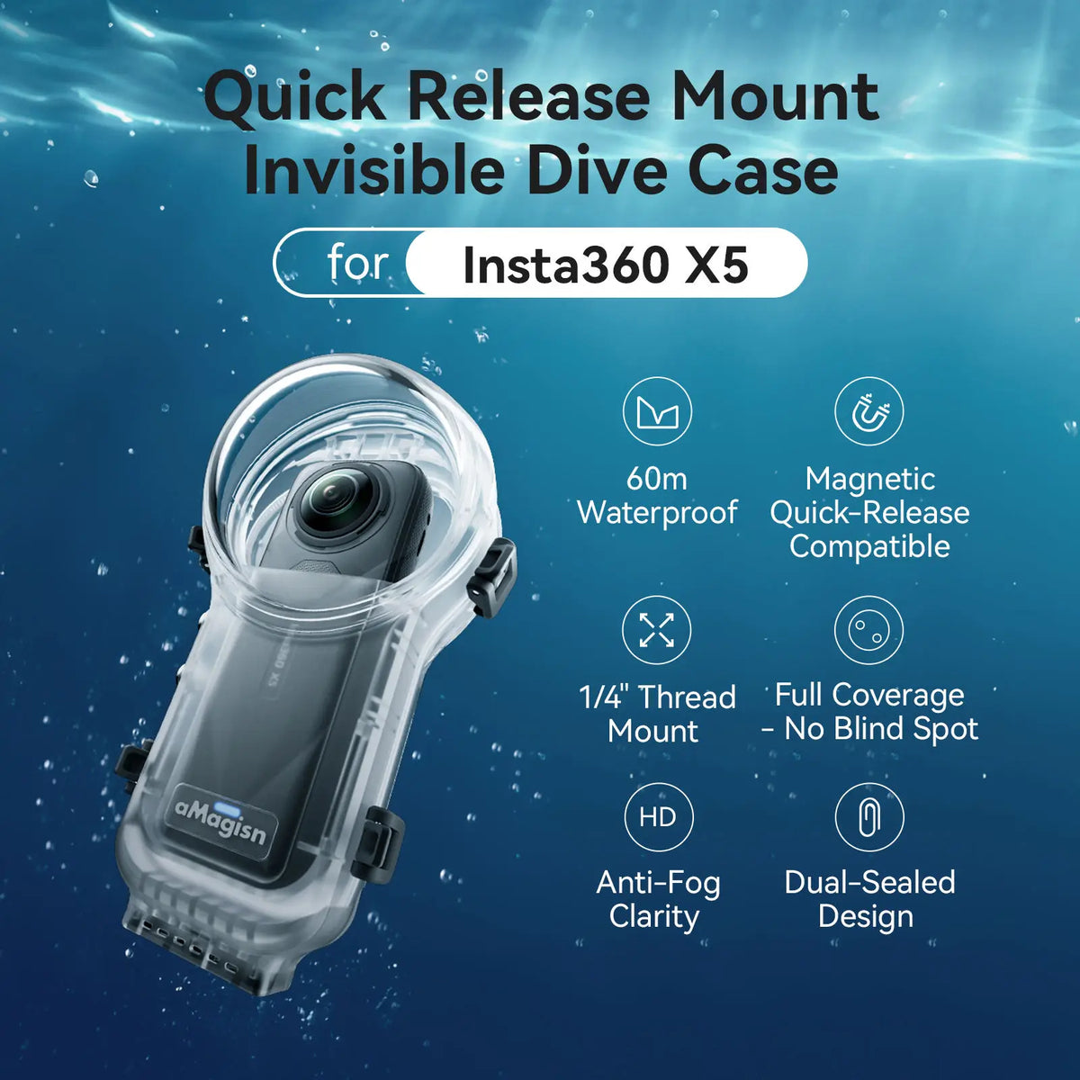 AMagisn Waterproof Case for Insta360 X5 - 60m Depth Invisible Dive Housing for X5 Accessories