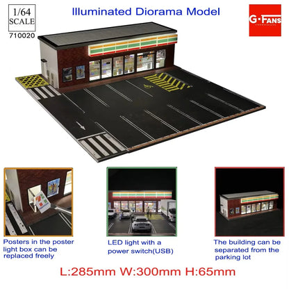 1/64 Scale Miniature LED Lighted Car Garage Diorama Model Realistic Parking Lot Scene Collectible Display for Enthusiasts