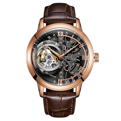 OBLVLO Luxury Retro 45mm Dial Skeleton Automatic Watches For Men Calfskin Strap Mineral Crystal Waterproof Mechanical Watch VM