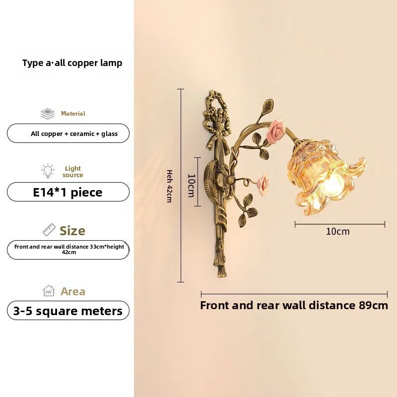 French Vintage Rural Romantic Ceramic Flower Luxury High-End Eye-Friendly Full-Spectrum Dining Room Full Copper Glass Wall Lamp