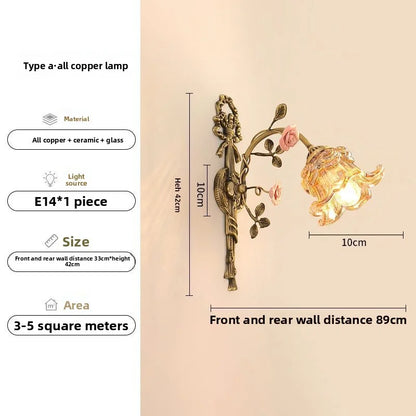French Vintage Rural Romantic Ceramic Flower Luxury High-End Eye-Friendly Full-Spectrum Dining Room Full Copper Glass Wall Lamp