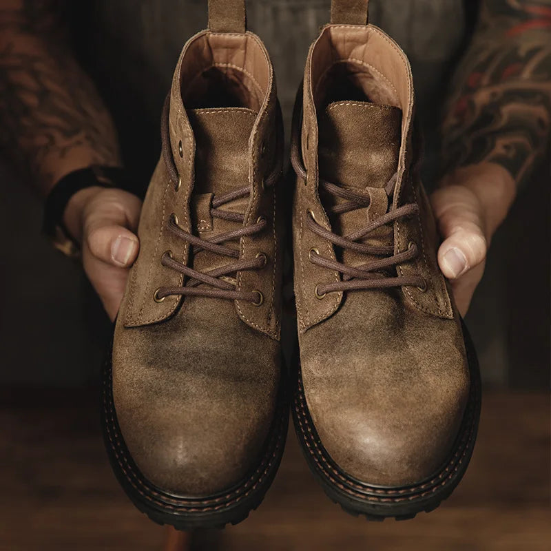 Maden Men Vintage Split Suede Fleece-lined Boots Brown High-Top Work Boots Lace-Up Desert Ankle Rugged Sole Boots Outdoor Shoes
