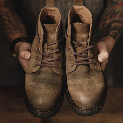 Maden Men Vintage Split Suede Fleece-lined Boots Brown High-Top Work Boots Lace-Up Desert Ankle Rugged Sole Boots Outdoor Shoes