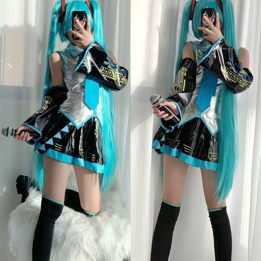 Miku VOCALOID Cosplay Costume - Silver Patent Leather Dress with Blue Tie & Black Bell Sleeves, Anime Halloween