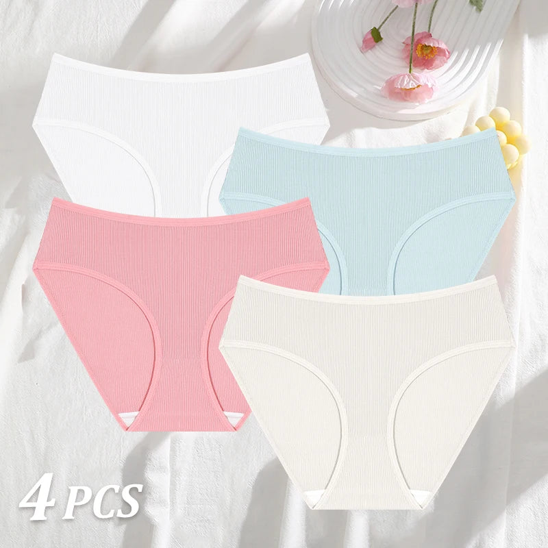 4PCS/SET Striped Ribbed Panties Set Women Mid Waist Breathable High Elastic Comfortable Sports Briefs Solid Color Daily Lingerie