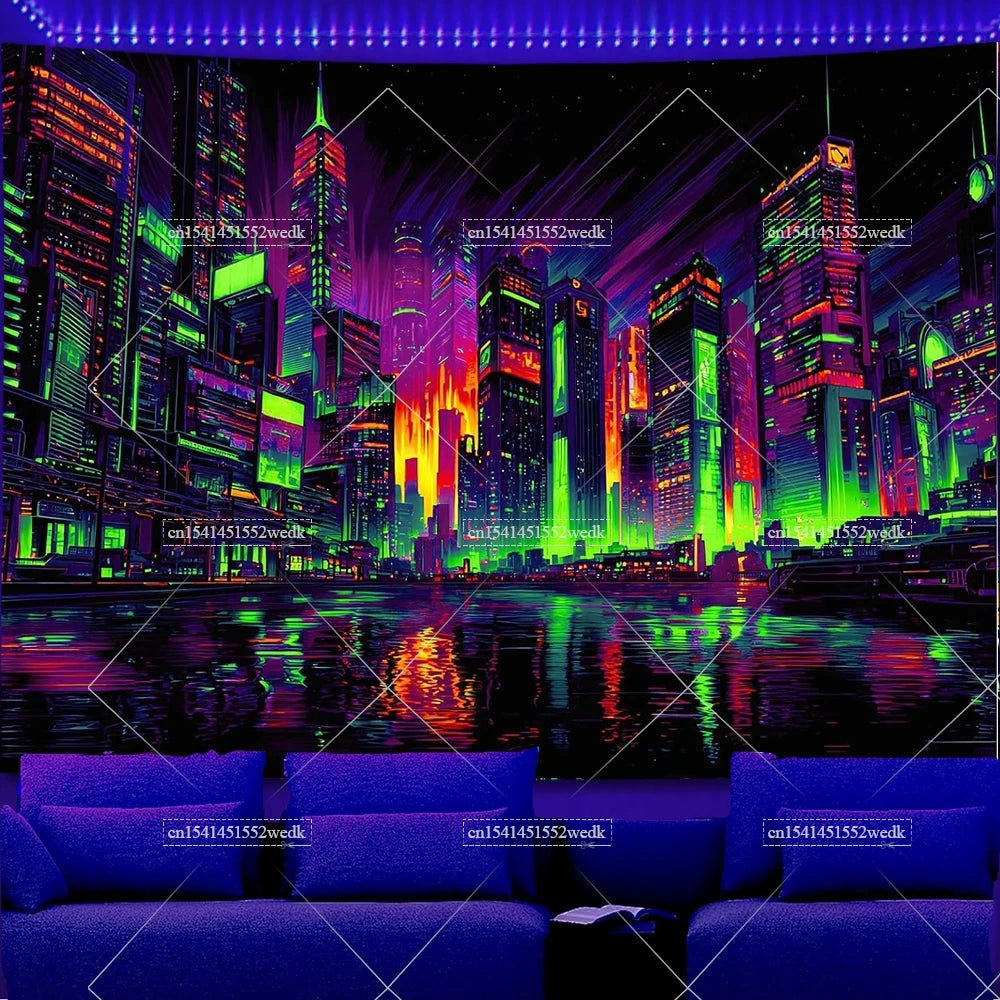 Glow In The Dark Urban Landscape Blacklight Tapestry UV Reactive Street Scene Neon Tapestrys Aesthetic Fluorescent Tapestries