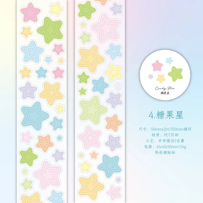 50mm * 2m Kawaii Sparkling Sand Circle Star Basic Decoration Die Cutting Sticker Tape DIY Diary Album Scrapbooking Material
