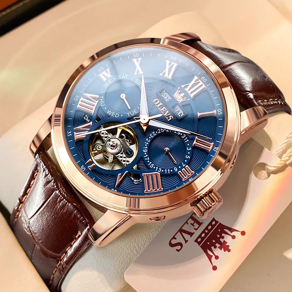 OLEVS 6668 Top Brand Men's Watches Trend Fashion Automatic Mechanical Wristwatch Leather Strap Waterproof Luminous Watch for Man