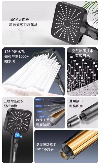16CM Big Panel High Pressure 4 Modes Shower Head with Filter Water Saving One Key Stop Sink Faucet Hose Bathroom Accessories