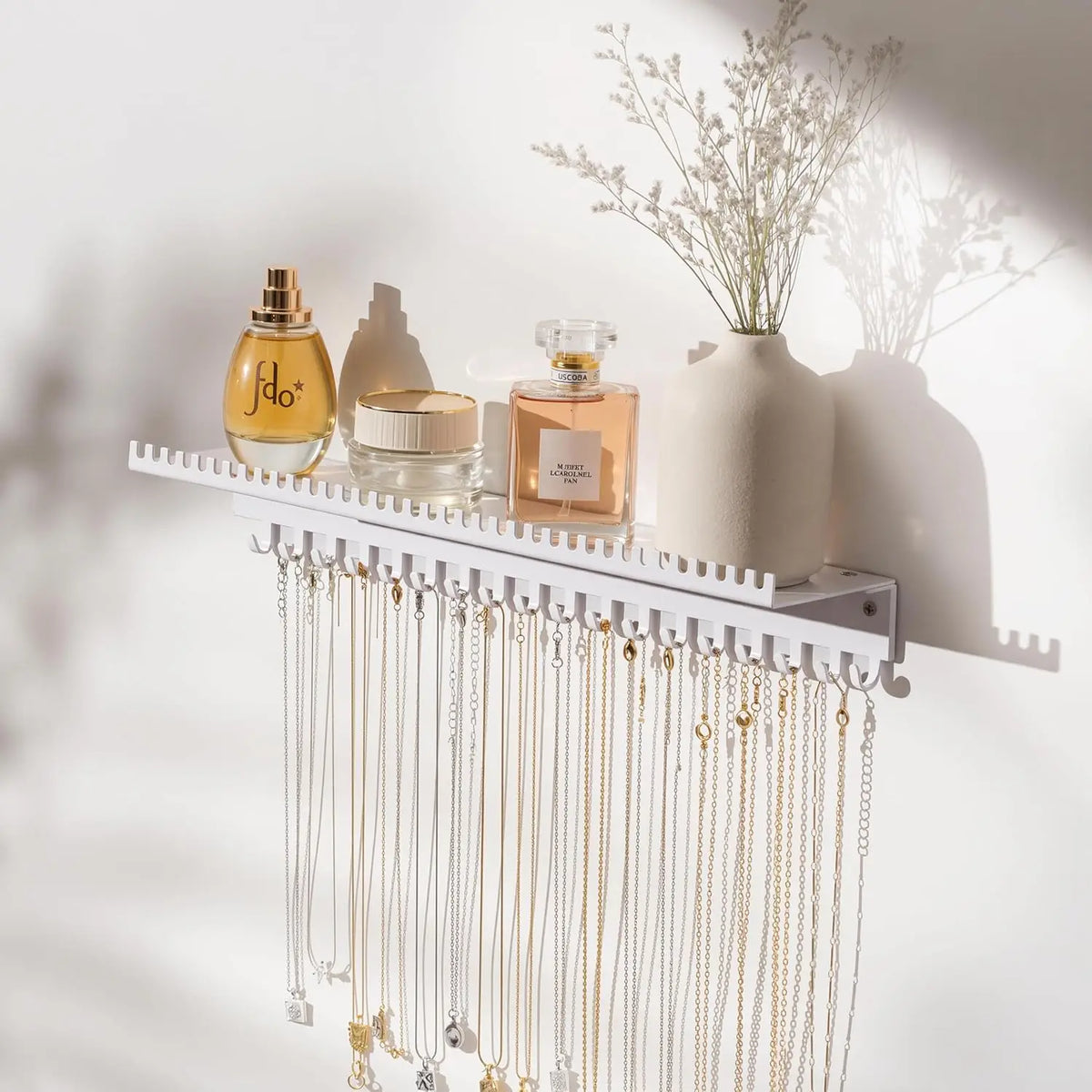 Necklace Holder Wall Hanging Organizer: Wall Mounted Jewelry Shelf with 56 Hooks and Tray, Display Hanger for Kids,