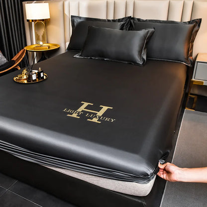 High-end Satin Fitted Sheet with Elastic Band Solid Color Silky Bed Sheet Smooth Non-Slip Mattress Cover Bedspreads Bed Linen