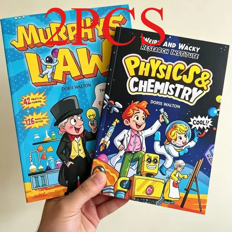 2PCS Kids Educational Comic Book Set Physics & Chemistry  Murphy's Law Fun Science Life Wisdom Gift for Boys Girls English Books