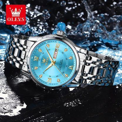 OLEVS 5513 Exclusive Original Quartz Watch for Men Diamond Roman Scale Waterproof Wristwatch Dual Calendar Stainless Steel Watch