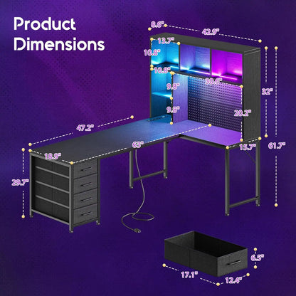 #63" L Shaped Gaming Desk with Hutch, Storage & Shelves, L Shaped Desk with 4 Drawers, Inserted LED Light Strip &, Customized