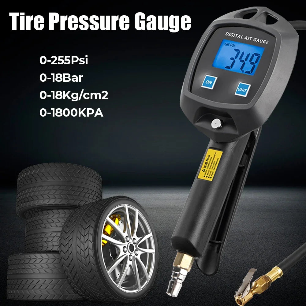 Multi-Unit Tire Inflator Gauge 0-18Kg/cm² 0-1800KPA 0-255PSI 0-18Bar Digital Display For Car Bike Tire Pressure Monitoring