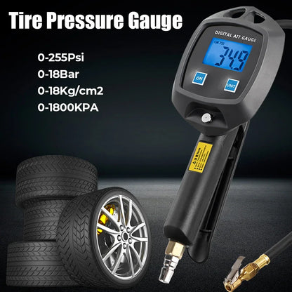 Multi-Unit Tire Inflator Gauge 0-18Kg/cm² 0-1800KPA 0-255PSI 0-18Bar Digital Display For Car Bike Tire Pressure Monitoring