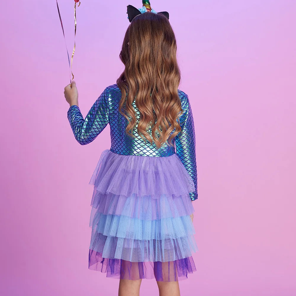 VIKITA Girls Mermaid Print Dress Kids Layered Mesh Tulle Cake Ball Gown Tutu Dresses Girl Party Performance Princess Dress 3-12Y