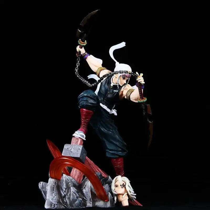 27cm Demon Slayer Tengen Uzui Sound Hashira Statue Double Head Sculpt Battle Scene Desktop Decor Collectible Anime Model Gift
