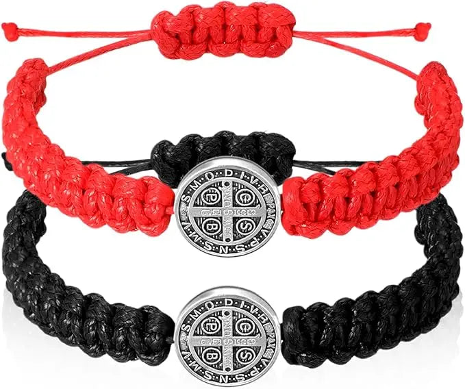 2 Pcs Catholic Saint Benedict Medal Bracelets Adjustable Black and Red String Bracelets Religious Jewelry Gifts for Men Women