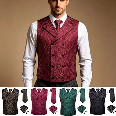 Formal Men V-Neck Waistcoat 4-in-1 Set Vest Tie Pocket Square Cufflinks Wedding Dress Accessory