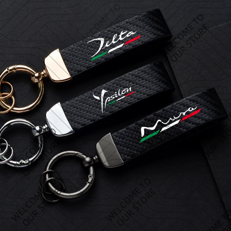 DELTA MUSA LANCIA Logo Car Carbon Fiber Leather Keychain