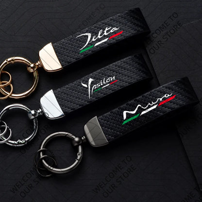 DELTA MUSA LANCIA Logo Car Carbon Fiber Leather Keychain