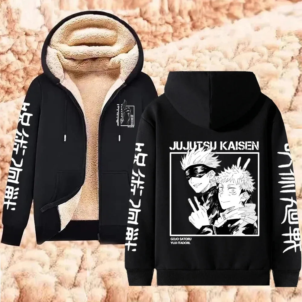 Jujutsu Kaisen Warm Zipper Jacket Gojo Satoru Anime Thicken Hoodie Men Women Lamb Wool Casual Long Sleeve Sweatshirts Streetwear