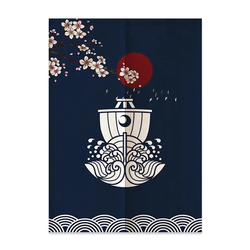 VIKAMA Japanese Linen Door Curtain Noren Half Curtain for Kitchen Bedroom Entrance Décor Customizable Mount Fuji Waves Partition