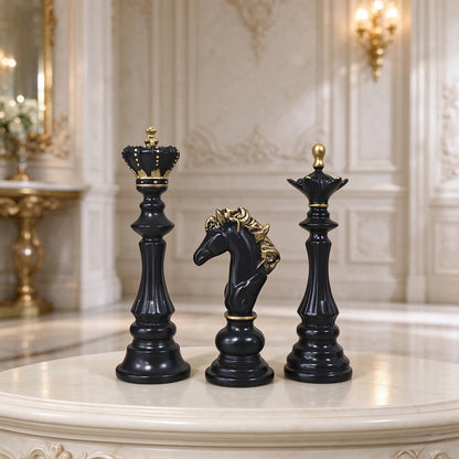 2026 Trending Chess Decor Set, Black Gold Resin King Queen Knight Statue, Modern Luxury Ornament for Home Office