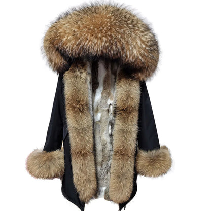 2026 Maomaokong Women's Winter Coats Rabbit Lining Jacket Natural Real Raccoon Fur Collar Parka Fox Fur Long Female Clothing