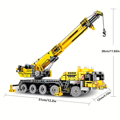 City Series Mechanical Crane Building Block Set, Yellow Engineering Crane Model, Movable, Rotatable, and Liftable, Suitable as a Birthday Gift for Collectors, Christmas or Halloween Gift