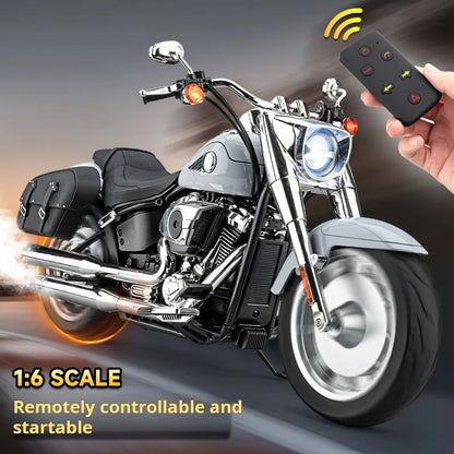 1:6 Harley Fat Boy Retro Heavy Motorcycle Diecast Alloy Simulated Remote Control Ignition & Spray Effect Toy Model Collect