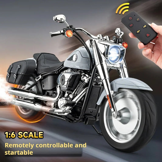 1:6 Harley Fat Boy Retro Heavy Motorcycle Diecast Alloy Simulated Remote Control Ignition & Spray Effect Toy Model Collect