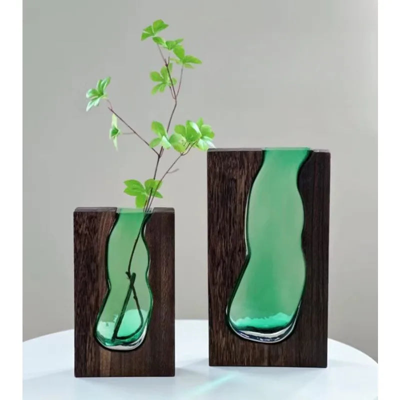Solid Wood Transparent Glass Vase for Home Decor Crystal Flower Vase Modern Centerpiece for Living Room/Hotel Lobby Decoration