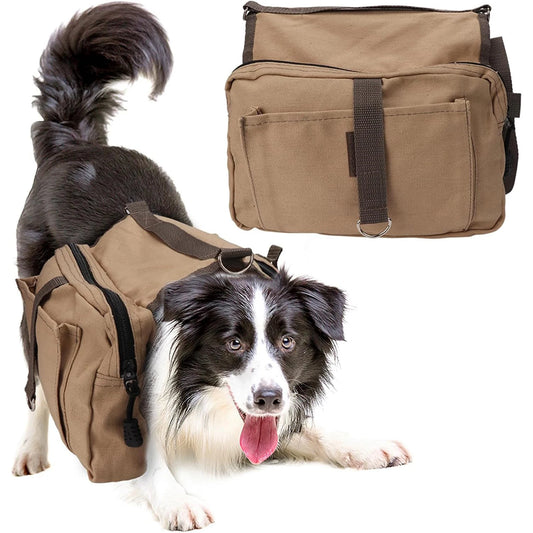 Canvas Dog Saddle Bag Backpack, Adjustable Pet Hiking Pack with Multi Pockets for Medium Large Dogs, Breathable Dog Travel Bag F