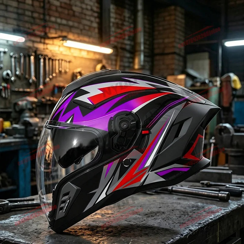 New Motorcycle Dual Lens Exposed Face Helmet Men's and Women's Four Season Models Large Tail Wing Motorcycle Full Face Helmet